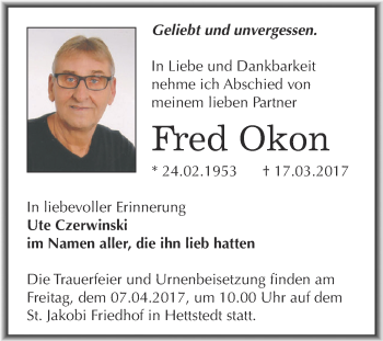 Traueranzeige von Fred Okon von Super Sonntag SGH Mansf. Land