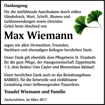 Traueranzeige von Max Wiemann von Super Sonntag SGH Mansf. Land