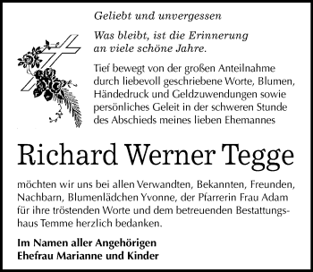 Traueranzeige von Richard Werner Tegge von Mitteldeutsche Zeitung Bitterfeld