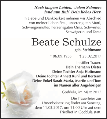 Traueranzeige von Beate Schulze von Super Sonntag Halle
