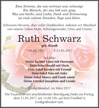Traueranzeige von Ruth Schwarz von Mitteldeutsche Zeitung Merseburg/Querfurt