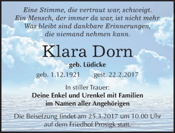 Traueranzeige von Klara Dorn von Mitteldeutsche Zeitung Köthen