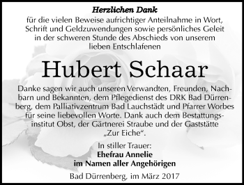 Traueranzeige von Hubert Schaar von Mitteldeutsche Zeitung Merseburg/Querfurt