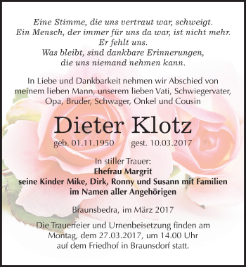 Traueranzeige von Dieter Klotz von Mitteldeutsche Zeitung Merseburg/Querfurt