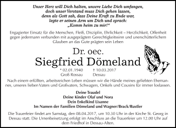 Traueranzeige von Siegfried Dömeland von WVG - Wochenspiegel Dessau / Köthen