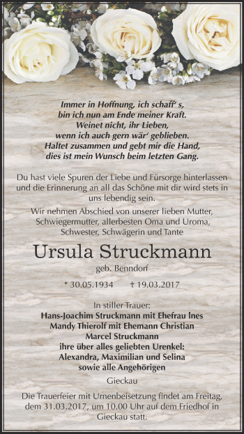 Traueranzeige von Ursula Struckmann von WVG - Wochenspiegel NMB / WSF / ZTZ