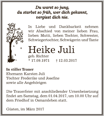 Traueranzeige von Heike Juli von Super Sonntag Bernburg