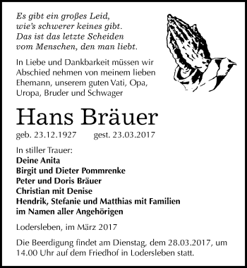 Traueranzeige von Hans Bräuer von Mitteldeutsche Zeitung Merseburg/Querfurt