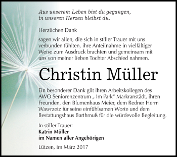 Traueranzeige von Christin Müller von WVG - Wochenspiegel NMB / WSF / ZTZ