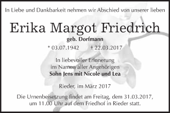 Traueranzeige von Erika Margot Friedrich von Super Sonntag Quedlinburg