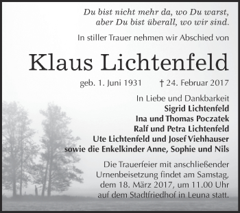 Traueranzeige von Klaus Lichtenfeld von Super Sonntag Halle