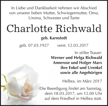Traueranzeige von Charlotte Richwald von Mitteldeutsche Zeitung Mansfelder Land