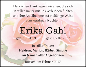Traueranzeige von Erika Gahl von WVG - Wochenspiegel NMB / WSF / ZTZ