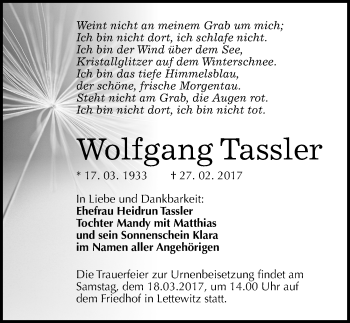 Traueranzeige von Wolfgang Tassler von Mitteldeutsche Zeitung Halle/Saalkreis