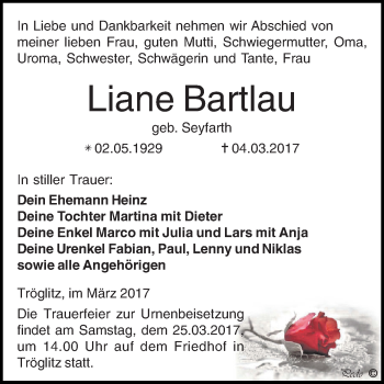 Traueranzeige von Liane Bartlau von Super Sonntag Zeitz