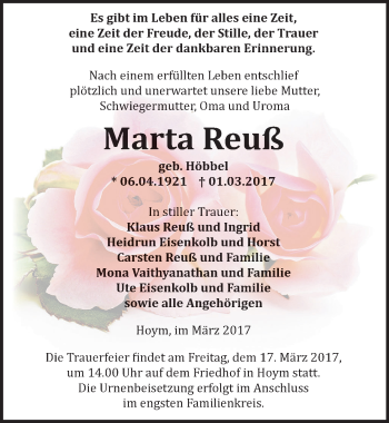 Traueranzeige von Marta Reuß von Mitteldeutsche Zeitung Aschersleben