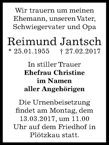 Traueranzeige von Reimund Jantsch von Mitteldeutsche Zeitung Bernburg