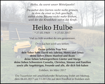 Traueranzeige von Heiko Hulbe von Super Sonntag SGH Mansf. Land