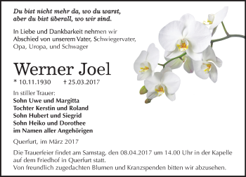 Traueranzeige von Werner Joel von Mitteldeutsche Zeitung Merseburg/Querfurt