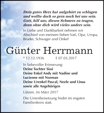 Traueranzeige von Günter Herrmann von Mitteldeutsche Zeitung Weißenfels
