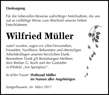 Traueranzeige von Wilfried Müller von Mitteldeutsche Zeitung Sangerhausen