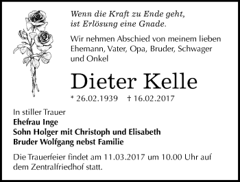 Traueranzeige von Dieter Kelle von Mitteldeutsche Zeitung Dessau-Roßlau