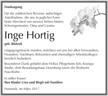 Traueranzeige von Inge Hortig von Super Sonntag SGH Mansf. Land