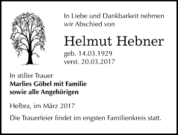 Traueranzeige von Helmut Hebner von Mitteldeutsche Zeitung Mansfelder Land