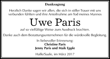 Traueranzeige von Uwe Paris von Mitteldeutsche Zeitung Halle/Saalkreis
