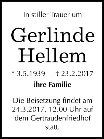 Traueranzeige von Gerlinde Hellem von Mitteldeutsche Zeitung Halle/Saalkreis