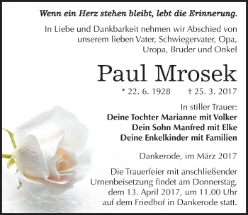 Traueranzeige von Paul Mrosek von Mitteldeutsche Zeitung Quedlinburg