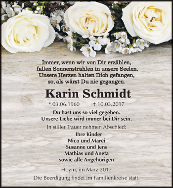 Traueranzeige von Karin Schmidt von Mitteldeutsche Zeitung Aschersleben
