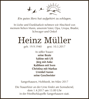Traueranzeige von Heinz Müller von Super Sonntag SGH Mansf. Land