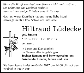 Traueranzeige von Hiltraud Lüdecke von Mitteldeutsche Zeitung Dessau-Roßlau