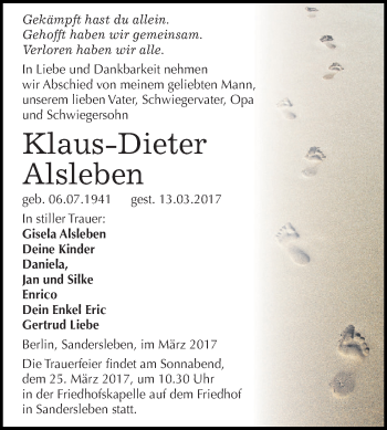 Traueranzeige von Klaus-Dieter Alsleben von Super Sonntag SGH Mansf. Land