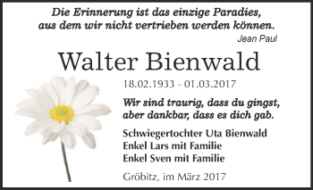 Traueranzeige von Walter Bienwald von WVG - Wochenspiegel NMB / WSF / ZTZ