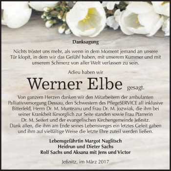 Traueranzeige von Werner Elbe von WVG - Wochenspiegel Bitterfeld