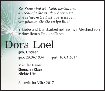 Traueranzeige von Dora Loel von Mitteldeutsche Zeitung Sangerhausen