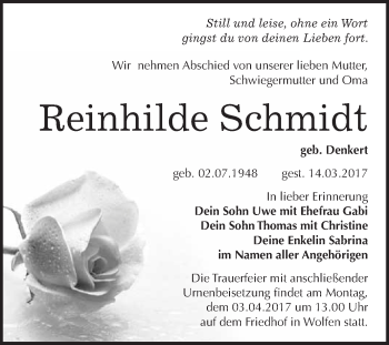 Traueranzeige von Reinhilde Schmidt von WVG - Wochenspiegel Bitterfeld