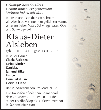 Traueranzeige von Klaus-Dieter Alsleben von Mitteldeutsche Zeitung Mansfelder Land