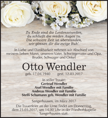 Traueranzeige von Otto Wendler von Mitteldeutsche Zeitung Sangerhausen