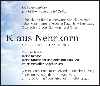 Traueranzeige von Klaus Nehrkorn von Mitteldeutsche Zeitung Halle/Saalkreis