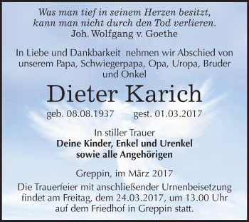 Traueranzeige von Dieter Karich von WVG - Wochenspiegel Bitterfeld