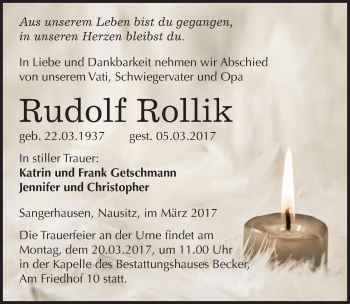 Traueranzeige von Rudolf Rollik von Mitteldeutsche Zeitung Sangerhausen