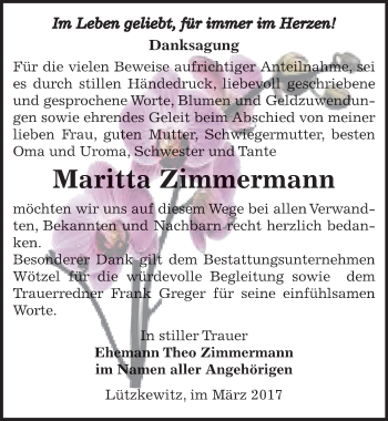 Traueranzeige von Maritta Zimmermann von Mitteldeutsche Zeitung Zeitz