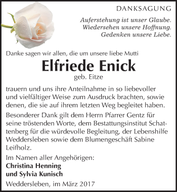 Traueranzeige von Elfriede Enick von Mitteldeutsche Zeitung Quedlinburg