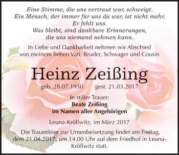 Traueranzeige von Heinz Zeißing von Mitteldeutsche Zeitung Merseburg/Querfurt