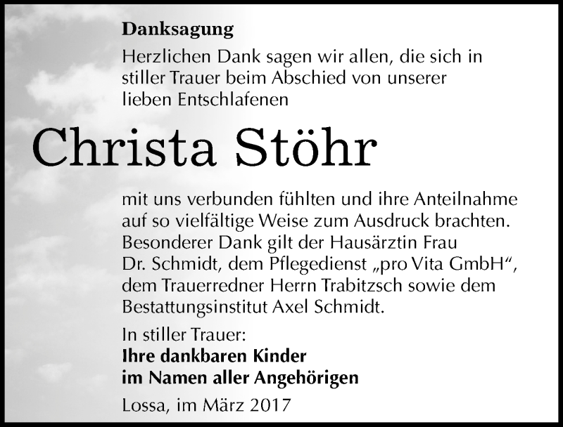  Traueranzeige für Christa Stöhr vom 11.03.2017 aus Mitteldeutsche Zeitung Naumburg/Nebra
