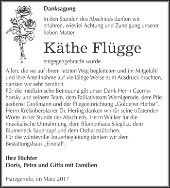 Traueranzeige von Käthe Flügge von Super Sonntag Quedlinburg