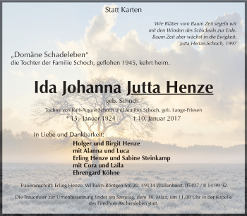 Traueranzeige von Ida Johanna Jutta Henze von Super Sonntag SGH Mansf. Land